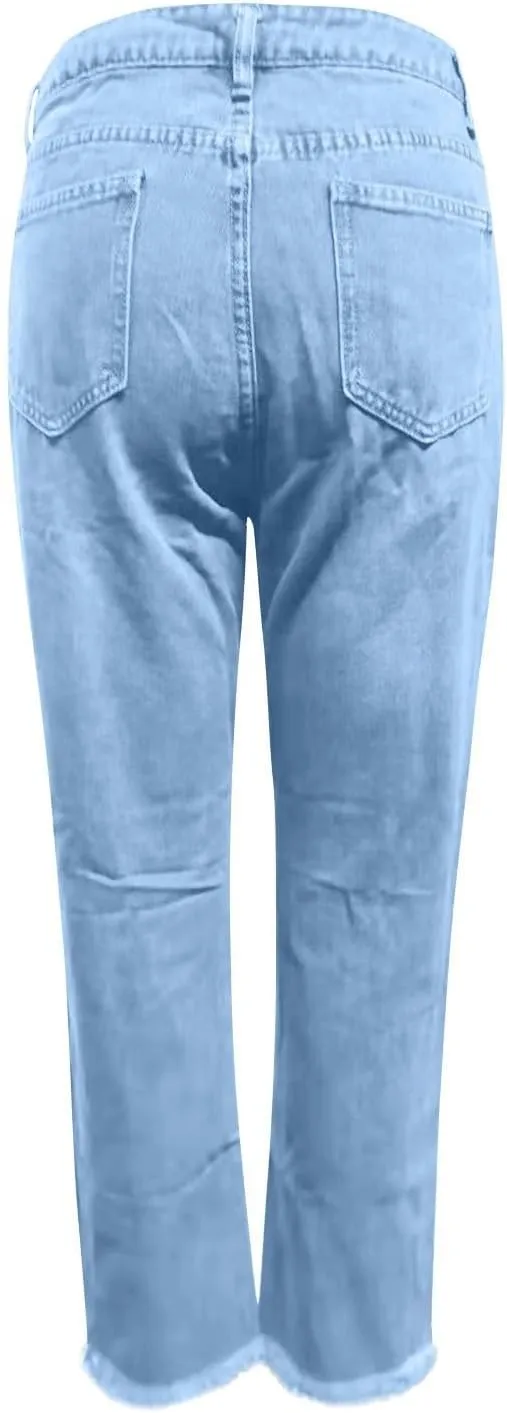 Women's Straight Leg Skinny Ripped Trendy Jeans Distressed High Waisted Stretchy Cropped Denim Baggy Pants Y2K 90s
