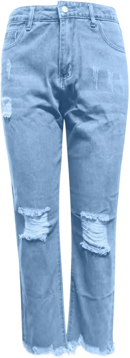 Women's Straight Leg Skinny Ripped Trendy Jeans Distressed High Waisted Stretchy Cropped Denim Baggy Pants Y2K 90s