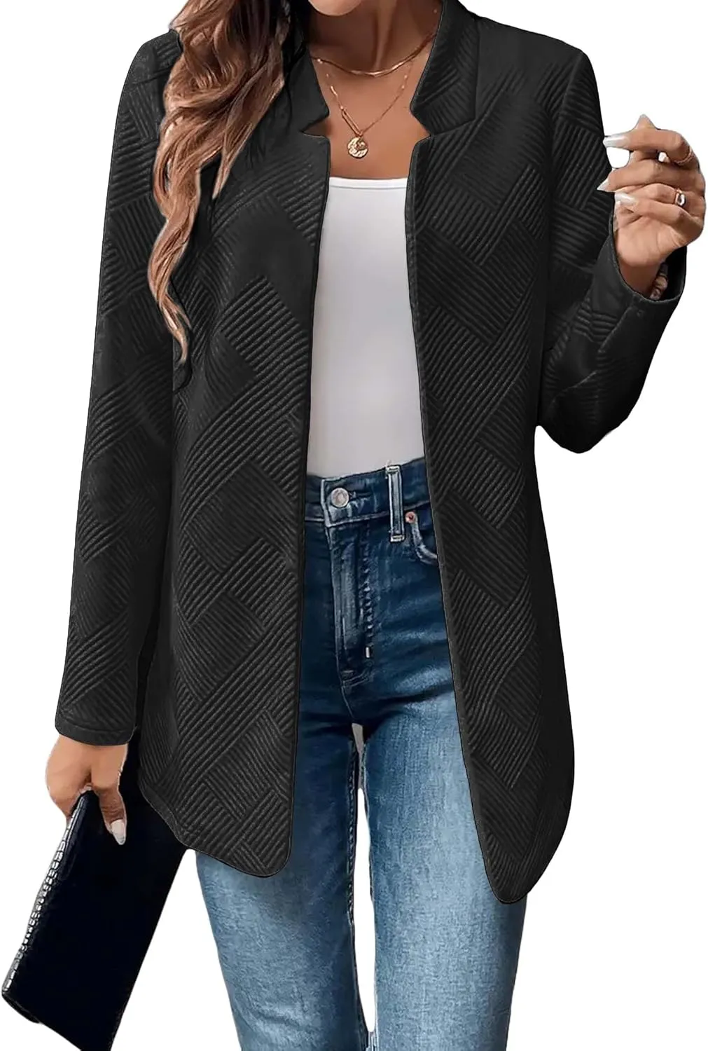Womens Striped Tweed Blazer 2024 Fall Long Causal Open Front Notched Collarless Work Office Sweater Jackets