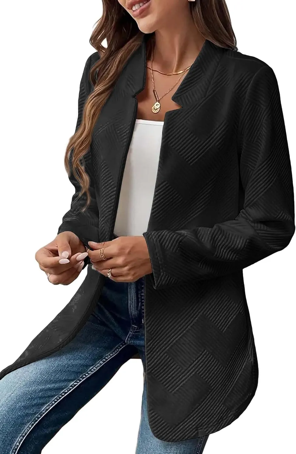 Womens Striped Tweed Blazer 2024 Fall Long Causal Open Front Notched Collarless Work Office Sweater Jackets