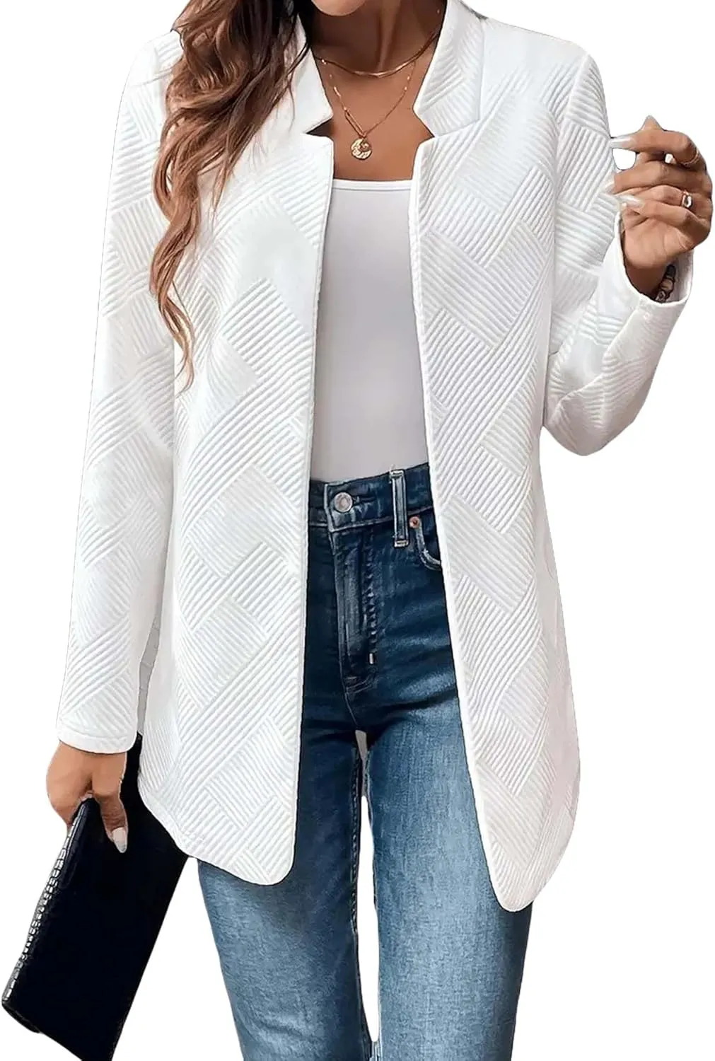 Womens Striped Tweed Blazer 2024 Fall Long Causal Open Front Notched Collarless Work Office Sweater Jackets