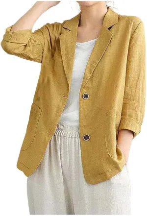 Women's Summer Blazer Button 3/4 Sleeve Pocket Lapel Casual Business Elegant Solid Color Fashion Lightweight