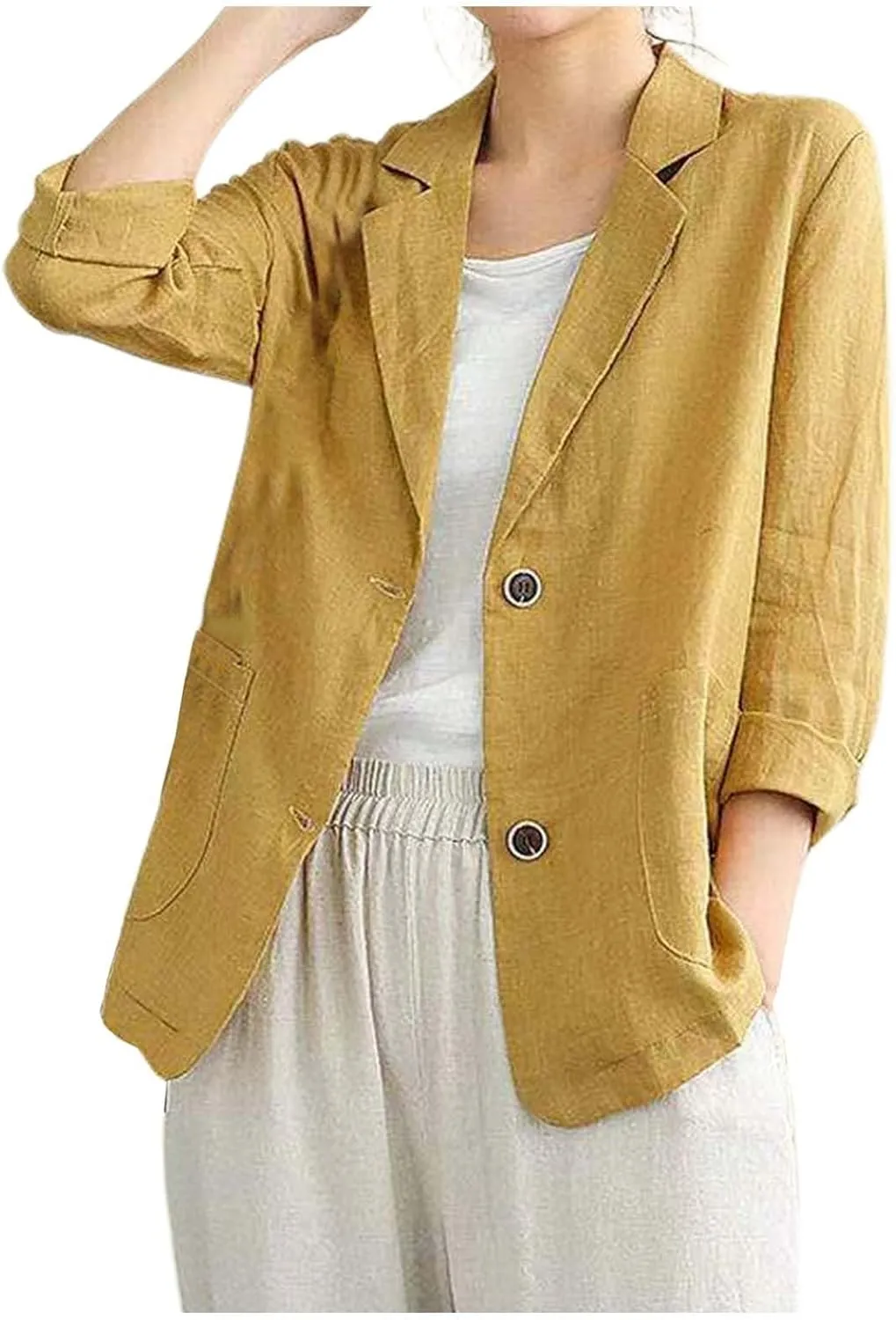Women's Summer Blazer Button 3/4 Sleeve Pocket Lapel Casual Business Elegant Solid Color Fashion Lightweight