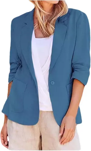 Women's Summer Blazer Button 3/4 Sleeve Pocket Lapel Work Jacket Comfortable Comfort Fit Fashion Lightweight