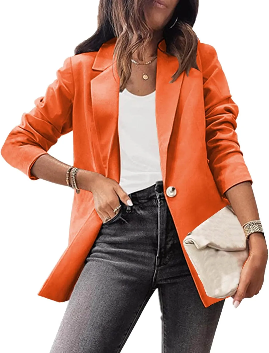 Women's Summer Blazer Button Long Sleeve Lapel Dressy Casual Business Convenient Solid Color Stylish Lightweight