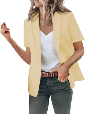 Women's Summer Blazer Lapel Short-Sleeved Pocket Comfort Fit Elegant Temperament Trendy Dressy Lightweight