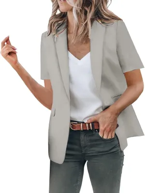 Women's Summer Blazer Lapel Short-Sleeved Pocket Comfort Fit Elegant Temperament Trendy Dressy Lightweight
