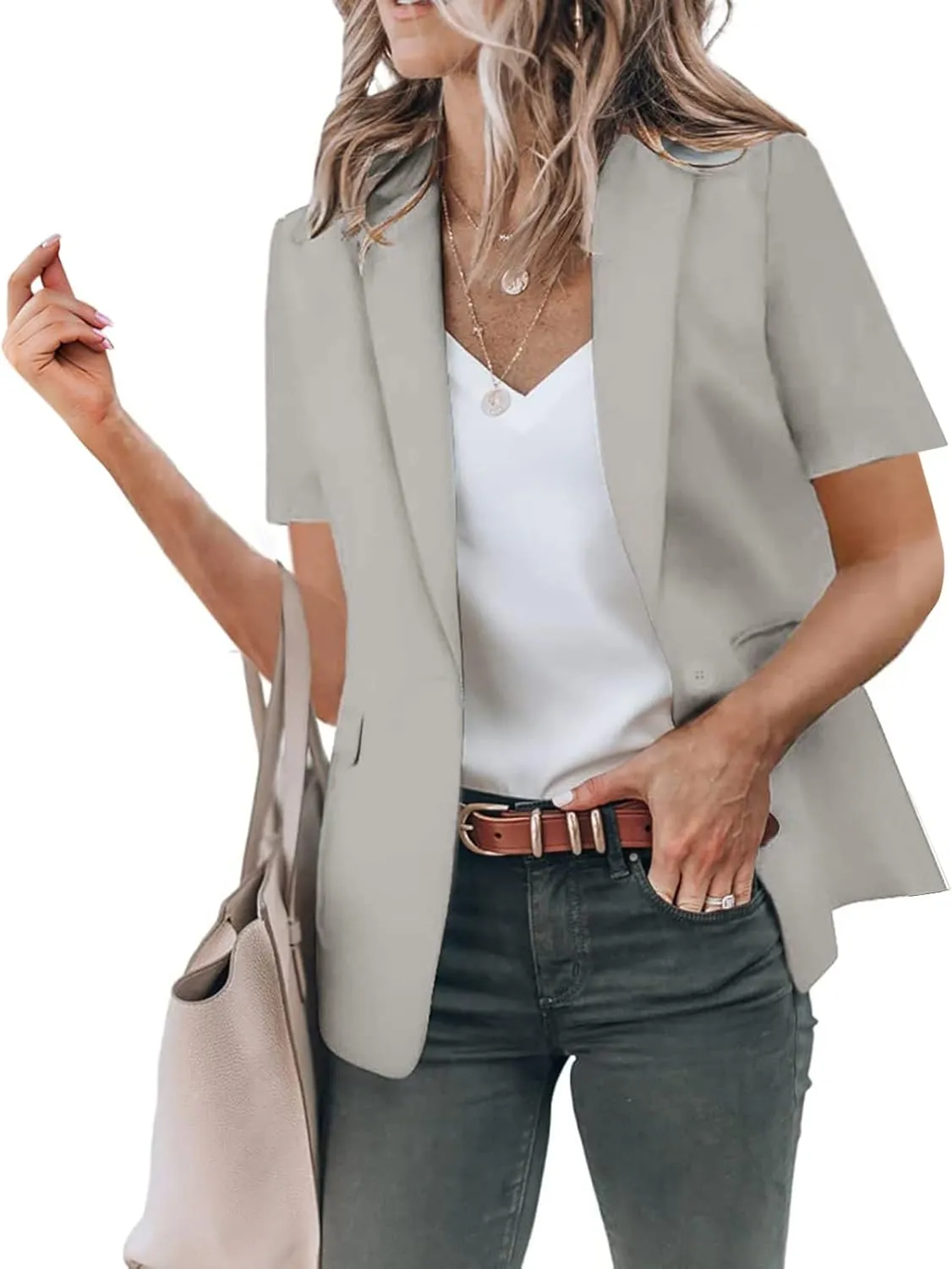Women's Summer Blazer Lapel Short-Sleeved Pocket Comfort Fit Elegant Temperament Trendy Dressy Lightweight