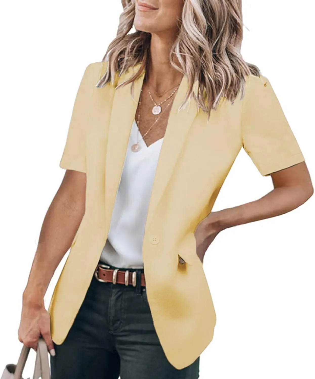 Women's Summer Blazer Lapel Short-Sleeved Pocket Comfort Fit Elegant Temperament Trendy Dressy Lightweight