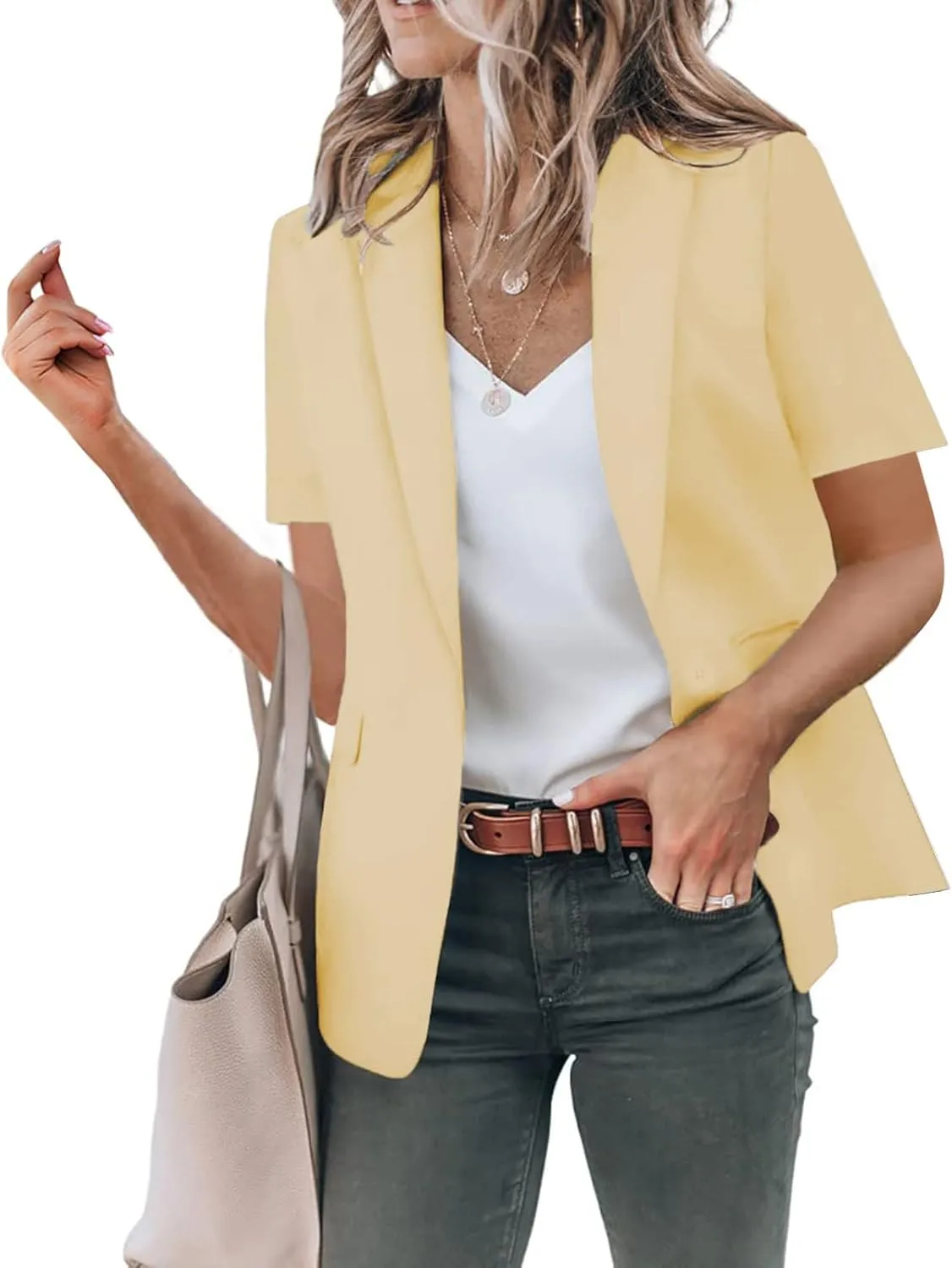 Women's Summer Blazer Lapel Short-Sleeved Pocket Comfort Fit Elegant Temperament Trendy Dressy Lightweight