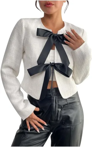 Women's Summer Blazer Trendy Long Sleeve Bow Casual Business Elegant Temperament Simple Soft Fashion Lightweight