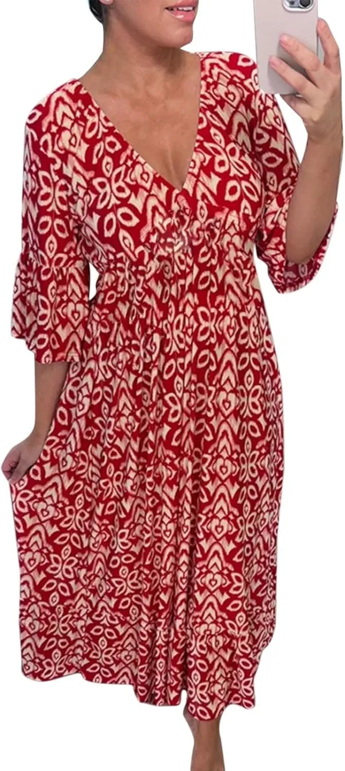 Women's Summer Boho Dress for Women 2023 V Neck Short Sleeve Unique Cross Wrap High Waist Casual Midi Sun Dresses