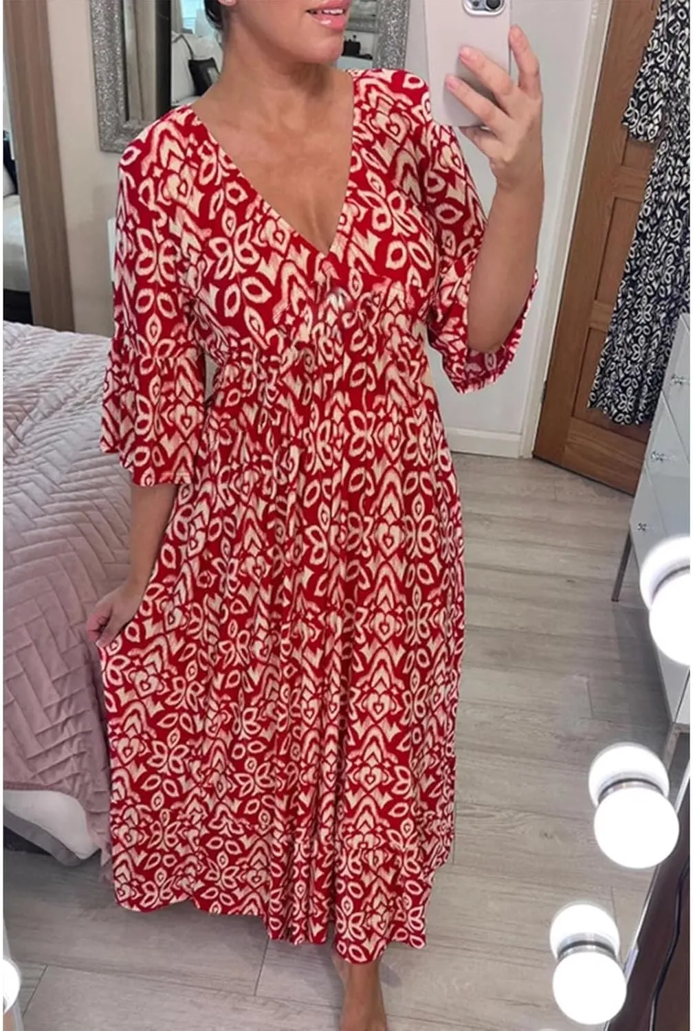Women's Summer Boho Dress for Women 2023 V Neck Short Sleeve Unique Cross Wrap High Waist Casual Midi Sun Dresses