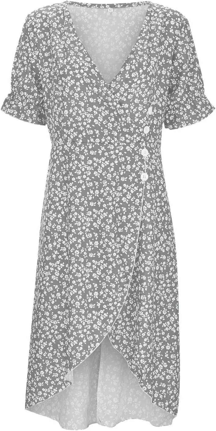 Womens Summer Boho Dresses Casual Puff Short Sleeve Midi Wrap Dress Floral Printed V Neck Beach Wrap Vacation Sundress