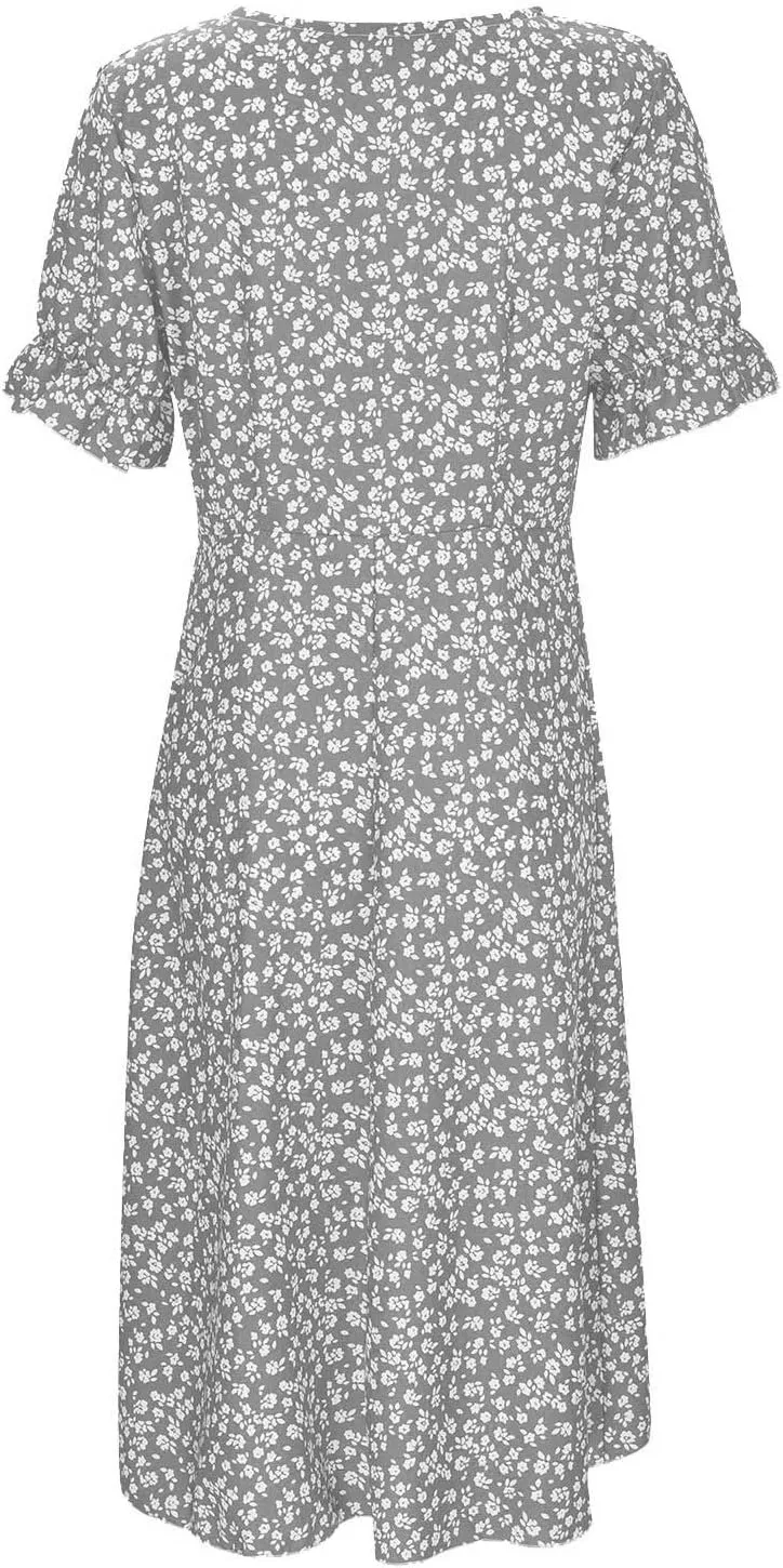 Womens Summer Boho Dresses Casual Puff Short Sleeve Midi Wrap Dress Floral Printed V Neck Beach Wrap Vacation Sundress