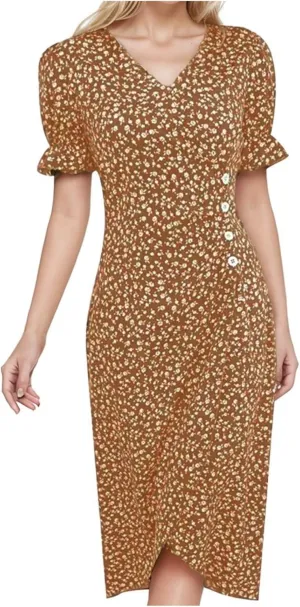 Womens Summer Boho Dresses Casual Puff Short Sleeve Midi Wrap Dress Floral Printed V Neck Beach Wrap Vacation Sundress