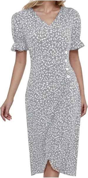Womens Summer Boho Dresses Casual Puff Short Sleeve Midi Wrap Dress Floral Printed V Neck Beach Wrap Vacation Sundress