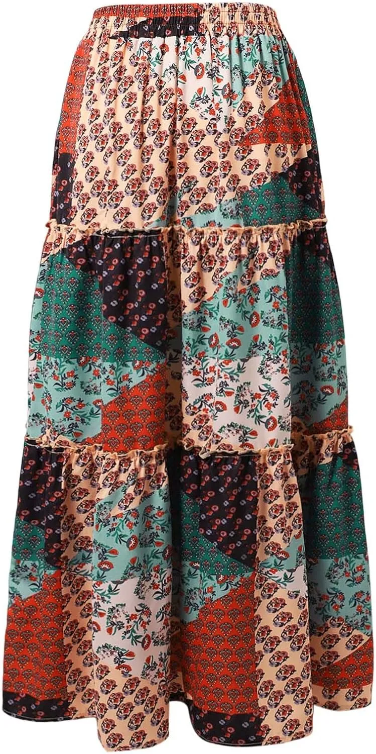 Women's Summer Boho Maxi Skirt 2025 Vacation A-Line Flowy Skirts Ruffle Tiered Elastic High Waist Beach Long Skort Dress