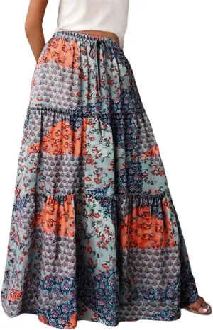 Women's Summer Boho Maxi Skirt 2025 Vacation A-Line Flowy Skirts Ruffle Tiered Elastic High Waist Beach Long Skort Dress