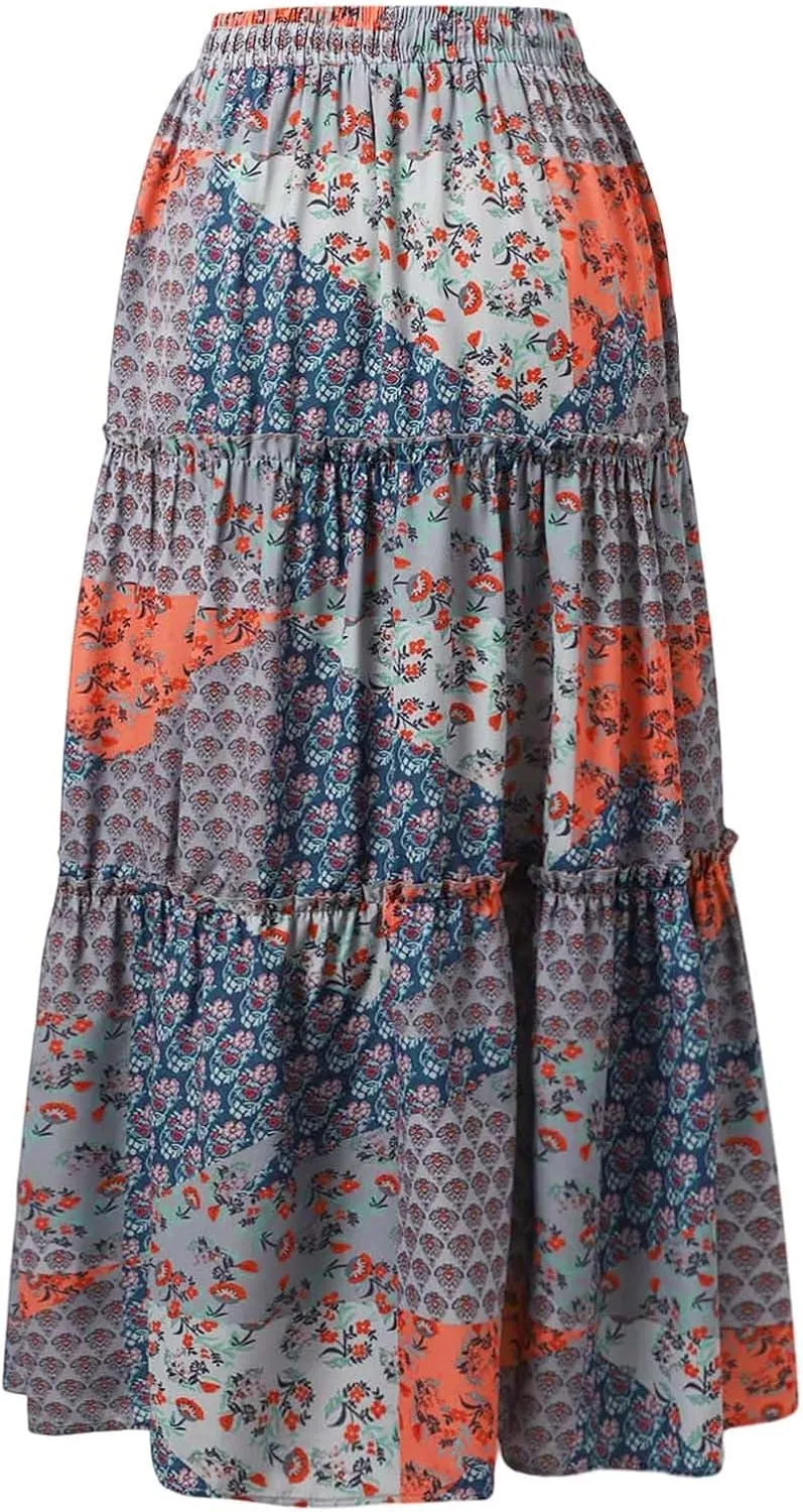 Women's Summer Boho Maxi Skirt 2025 Vacation A-Line Flowy Skirts Ruffle Tiered Elastic High Waist Beach Long Skort Dress