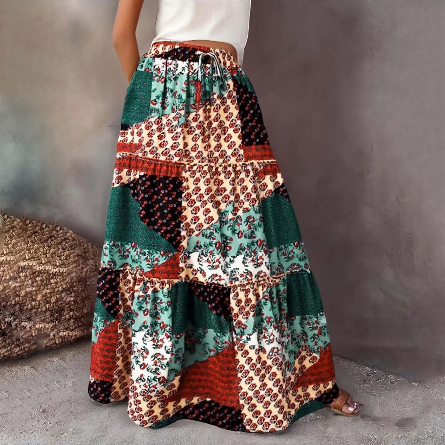 Women's Summer Boho Maxi Skirt 2025 Vacation A-Line Flowy Skirts Ruffle Tiered Elastic High Waist Beach Long Skort Dress