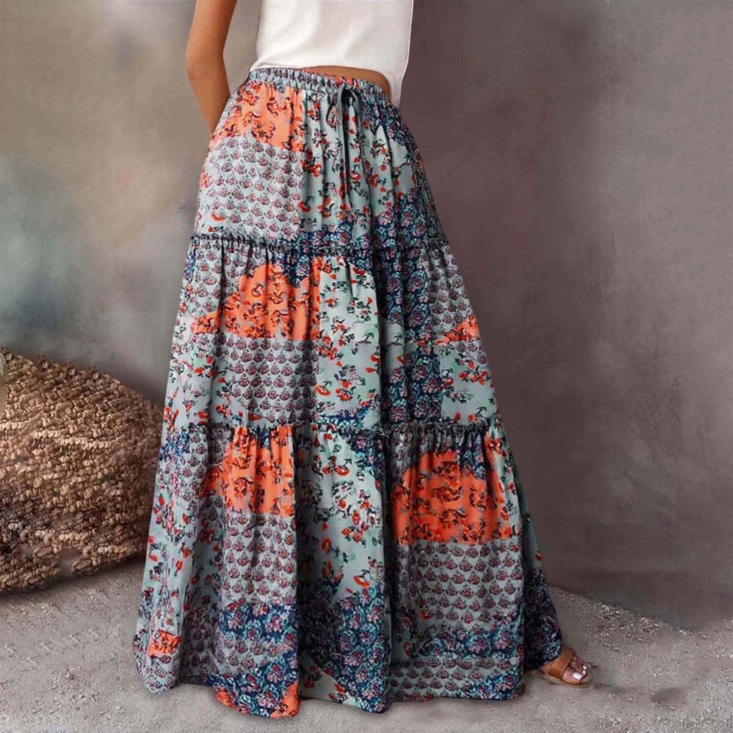 Women's Summer Boho Maxi Skirt 2025 Vacation A-Line Flowy Skirts Ruffle Tiered Elastic High Waist Beach Long Skort Dress