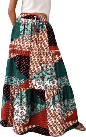 Women's Summer Boho Maxi Skirt 2025 Vacation A-Line Flowy Skirts Ruffle Tiered Elastic High Waist Beach Long Skort Dress