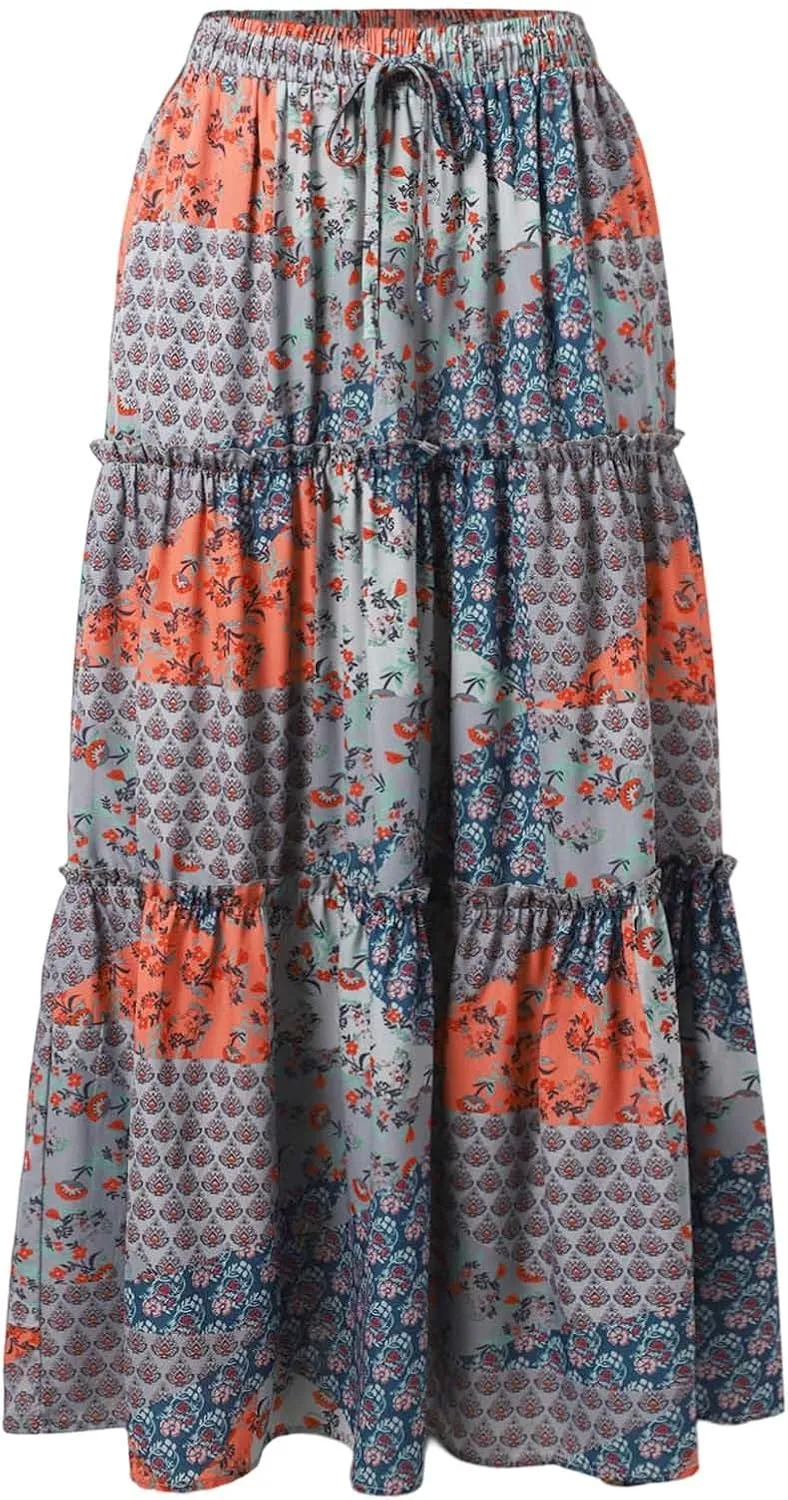 Women's Summer Boho Maxi Skirt 2025 Vacation A-Line Flowy Skirts Ruffle Tiered Elastic High Waist Beach Long Skort Dress