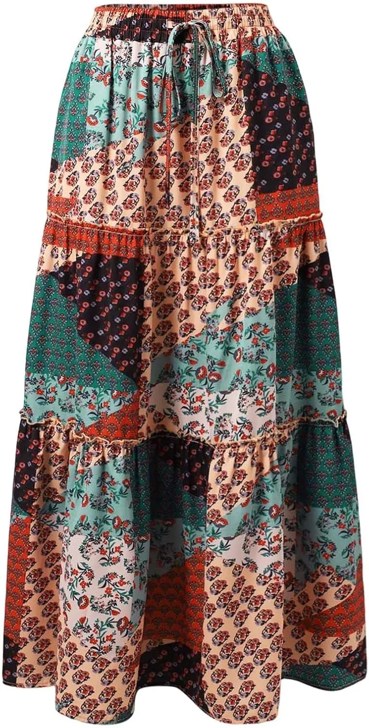 Women's Summer Boho Maxi Skirt 2025 Vacation A-Line Flowy Skirts Ruffle Tiered Elastic High Waist Beach Long Skort Dress