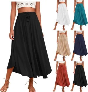 Womens Summer Boho Maxi Skirt Casual Comfy Elastic Waisted Skirts A-Line Flowy Ruffle Tiered Skirts