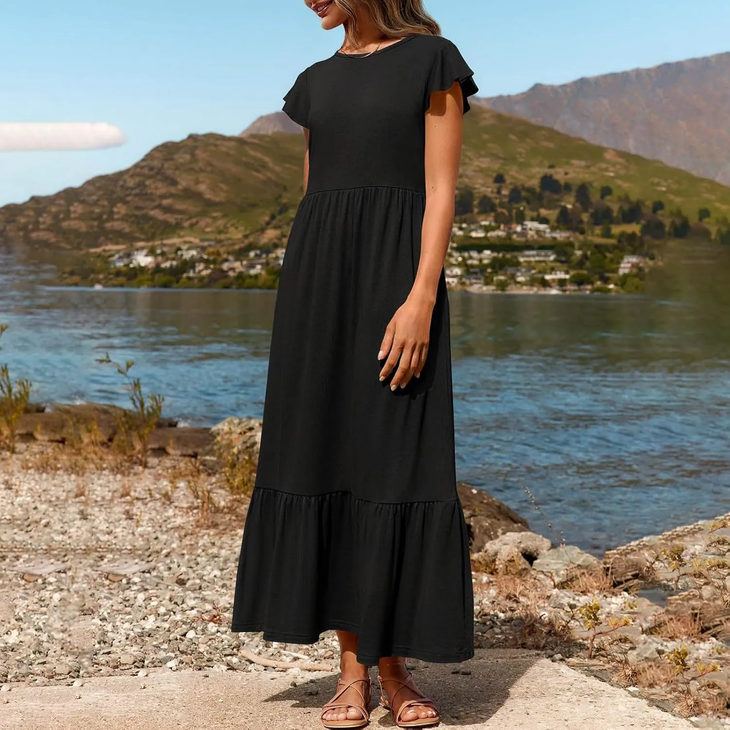 Womens Summer Casual Crewneck Swing Dress Casual Flowy Tiered Maxi Beach Dress with Pockets Dress