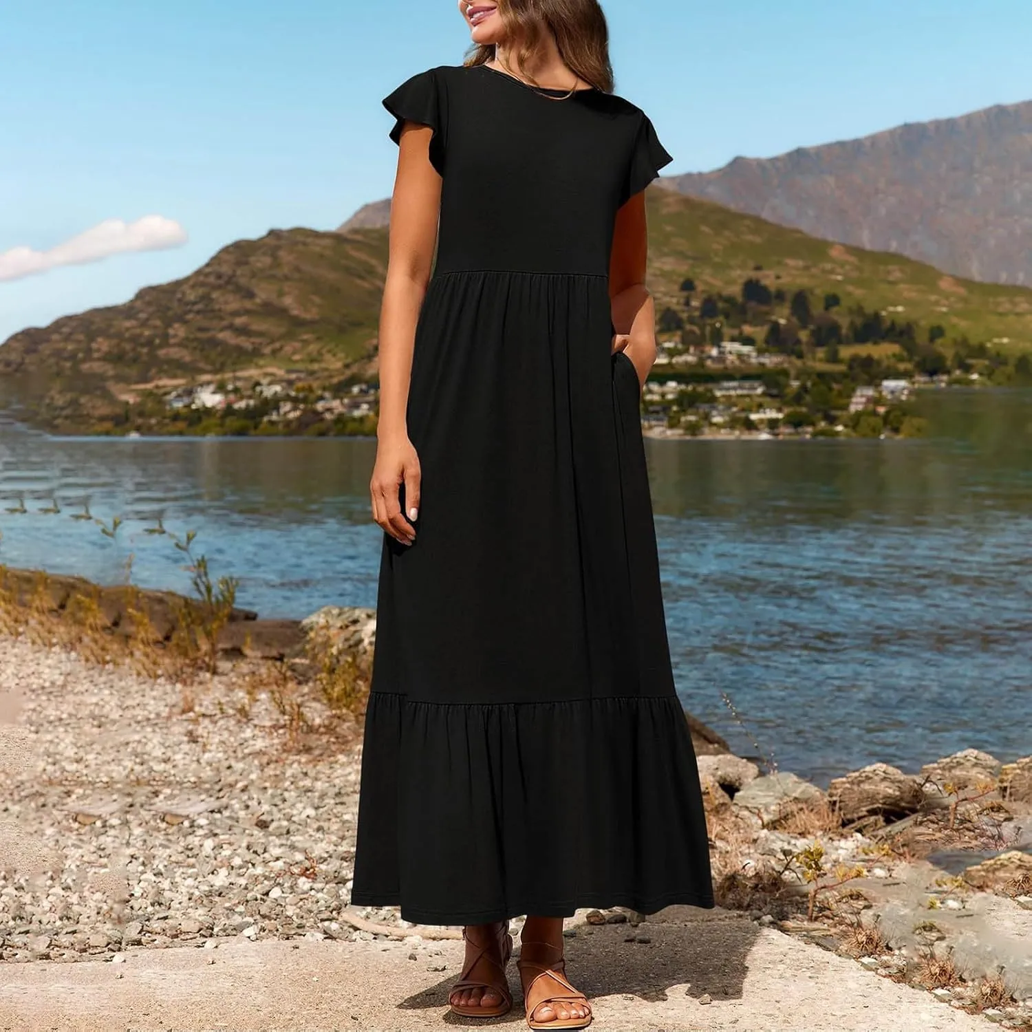 Womens Summer Casual Crewneck Swing Dress Casual Flowy Tiered Maxi Beach Dress with Pockets Dress
