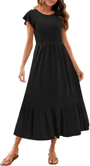 Womens Summer Casual Crewneck Swing Dress Casual Flowy Tiered Maxi Beach Dress with Pockets Dress