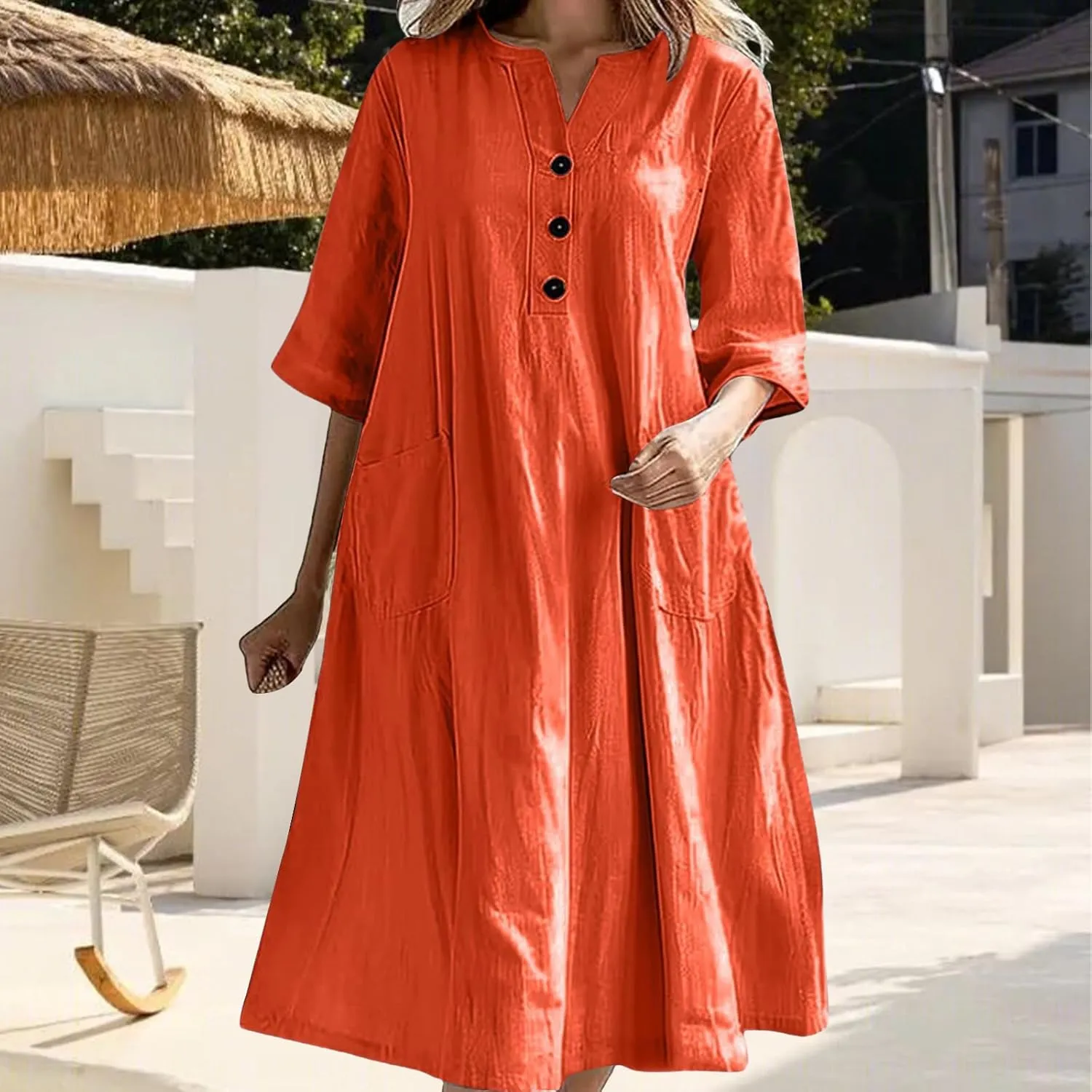 Womens Summer Cotton Linen Dress Oversized A-Line Flowly Beach Tunic Sundresses Short Sleeve Maxi Dress