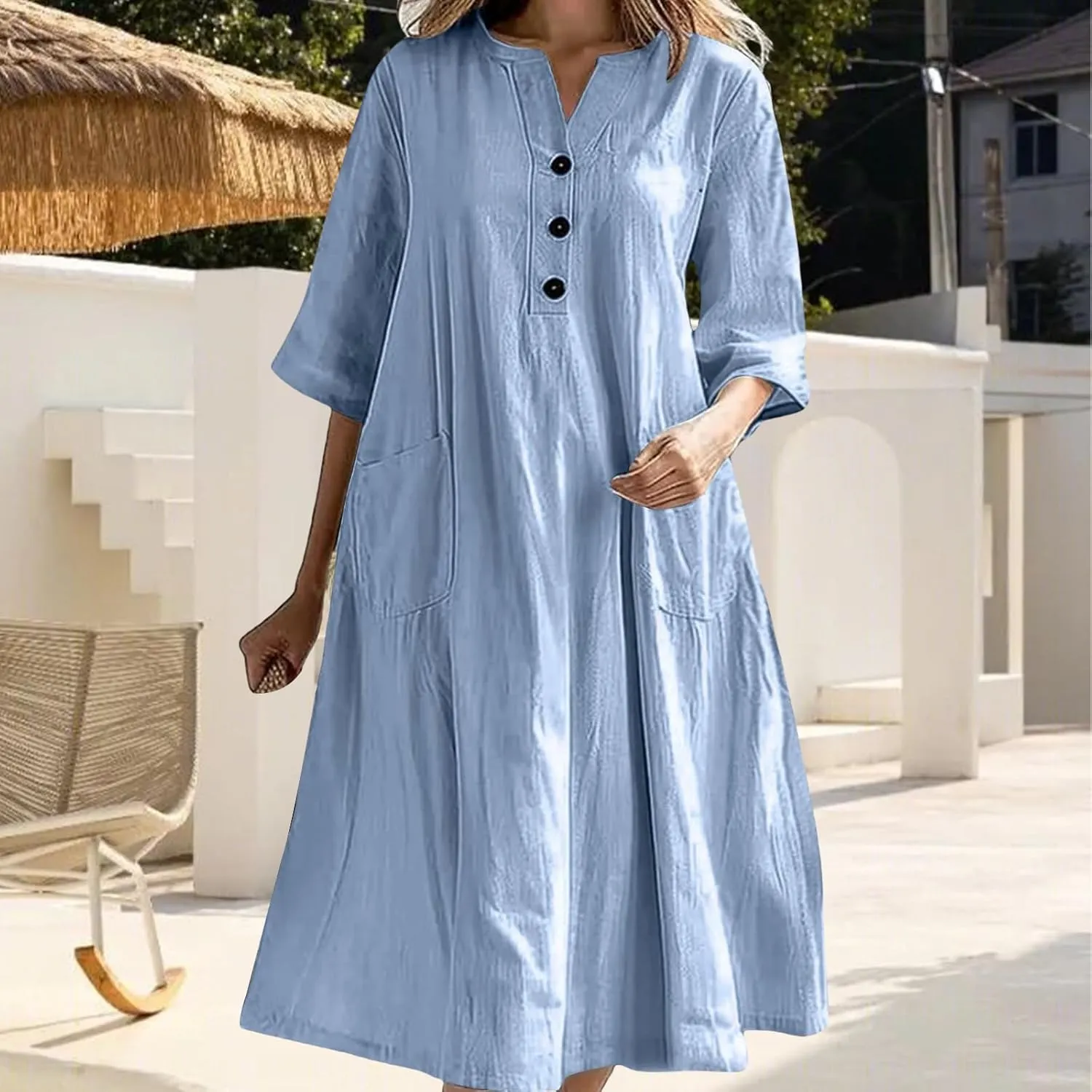 Womens Summer Cotton Linen Dress Oversized A-Line Flowly Beach Tunic Sundresses Short Sleeve Maxi Dress
