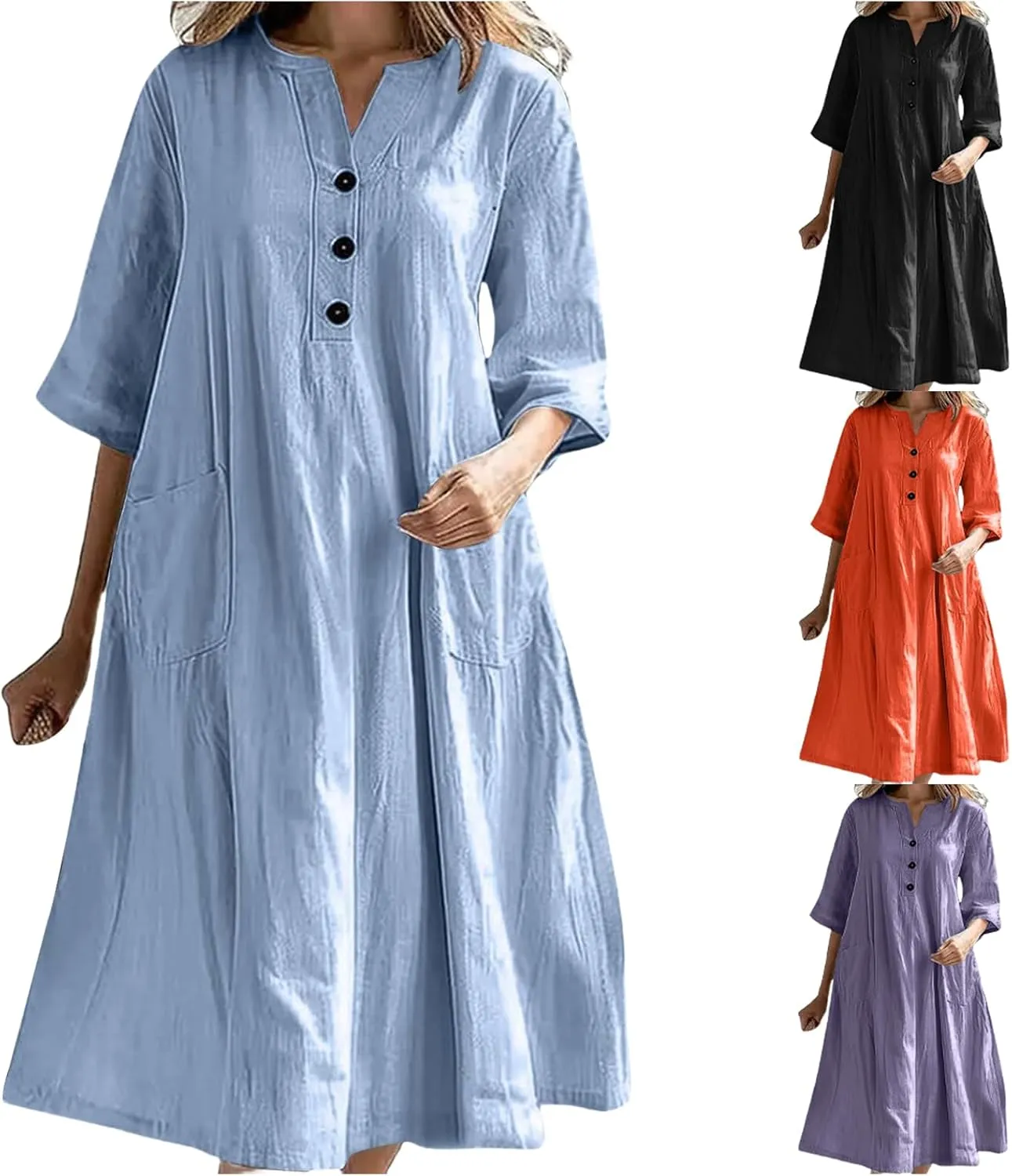Womens Summer Cotton Linen Dress Oversized A-Line Flowly Beach Tunic Sundresses Short Sleeve Maxi Dress