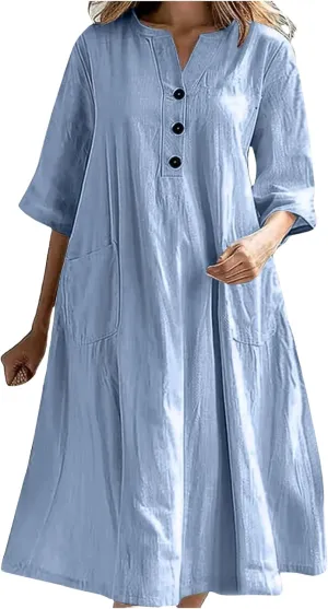 Womens Summer Cotton Linen Dress Oversized A-Line Flowly Beach Tunic Sundresses Short Sleeve Maxi Dress