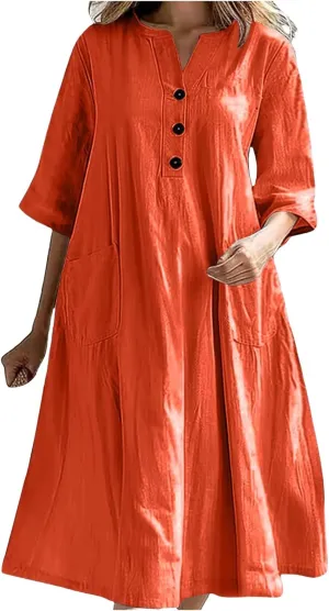 Womens Summer Cotton Linen Dress Oversized A-Line Flowly Beach Tunic Sundresses Short Sleeve Maxi Dress