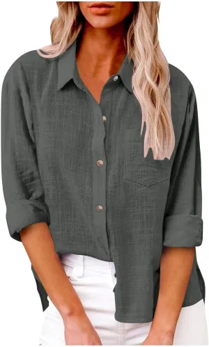 Women's Summer Cotton Linen Solid Lapel Button Down Shirt Fashion Long Sleeve Casual Work Office Blouse with Pocket