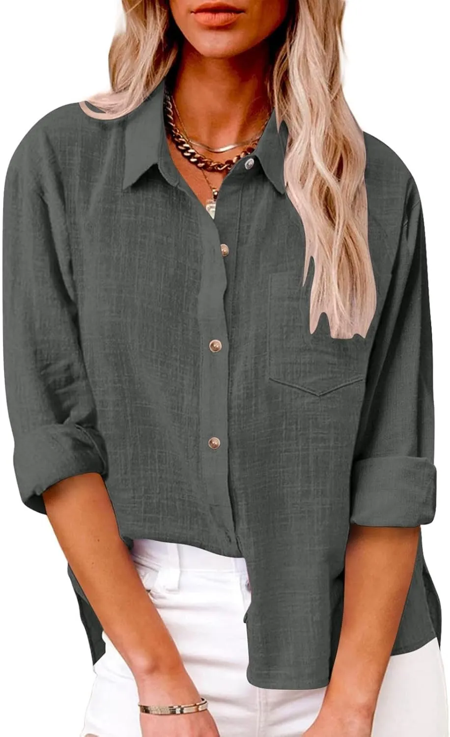Women's Summer Cotton Linen Solid Lapel Button Down Shirt Fashion Long Sleeve Casual Work Office Blouse with Pocket