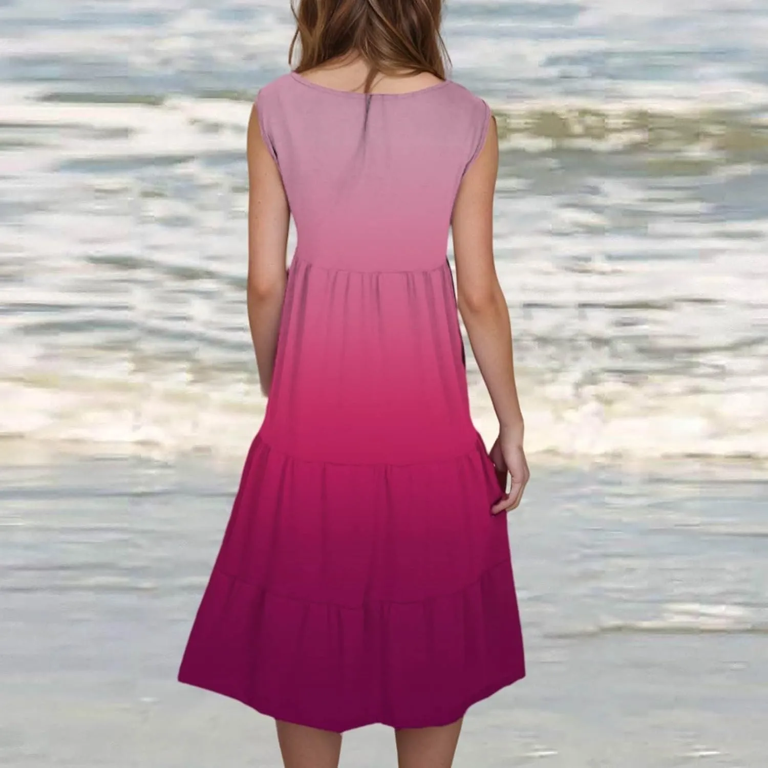 Women's Summer Dresses 2025 Beach Casual Sleeveless Crew Neck Midi Dress Loose Flowy A-Line Sundress