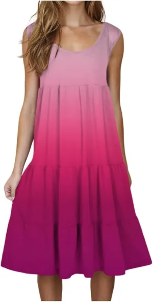 Women's Summer Dresses 2025 Beach Casual Sleeveless Crew Neck Midi Dress Loose Flowy A-Line Sundress