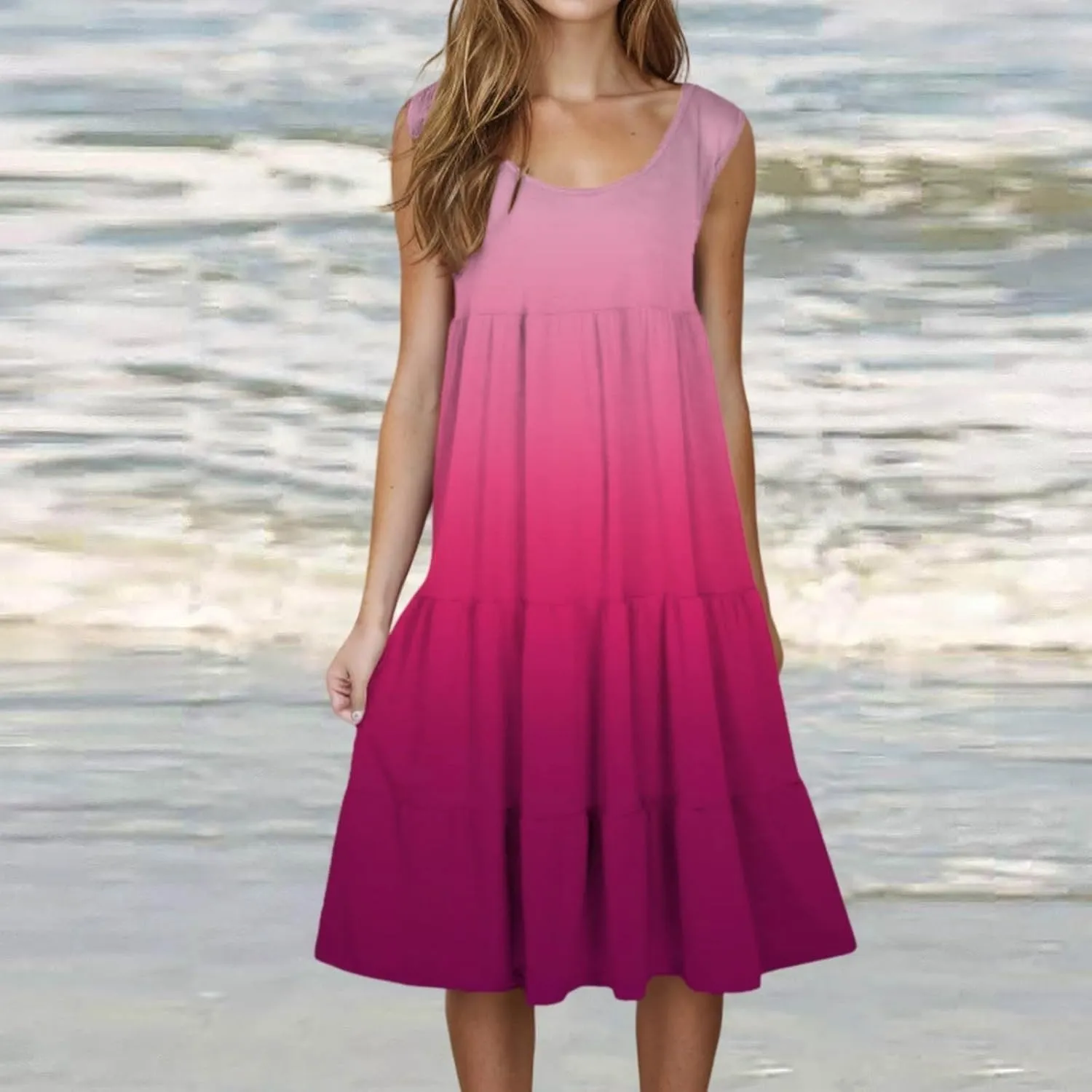 Women's Summer Dresses 2025 Beach Casual Sleeveless Crew Neck Midi Dress Loose Flowy A-Line Sundress