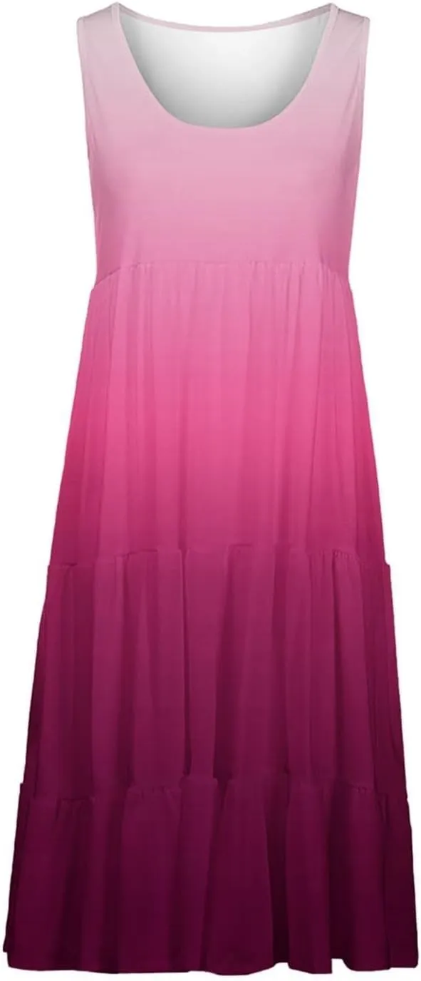 Women's Summer Dresses 2025 Beach Casual Sleeveless Crew Neck Midi Dress Loose Flowy A-Line Sundress