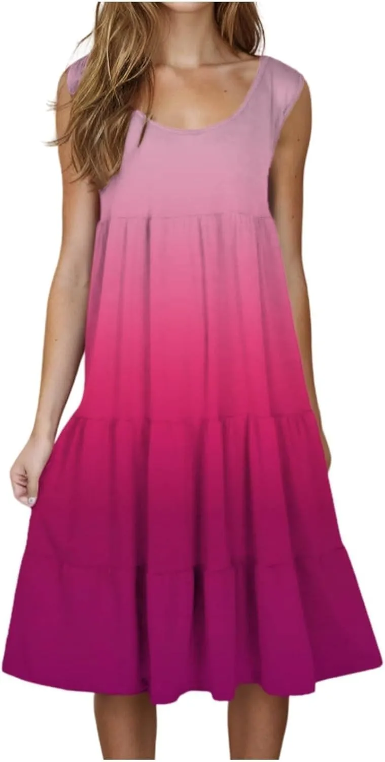 Women's Summer Dresses 2025 Beach Casual Sleeveless Crew Neck Midi Dress Loose Flowy A-Line Sundress
