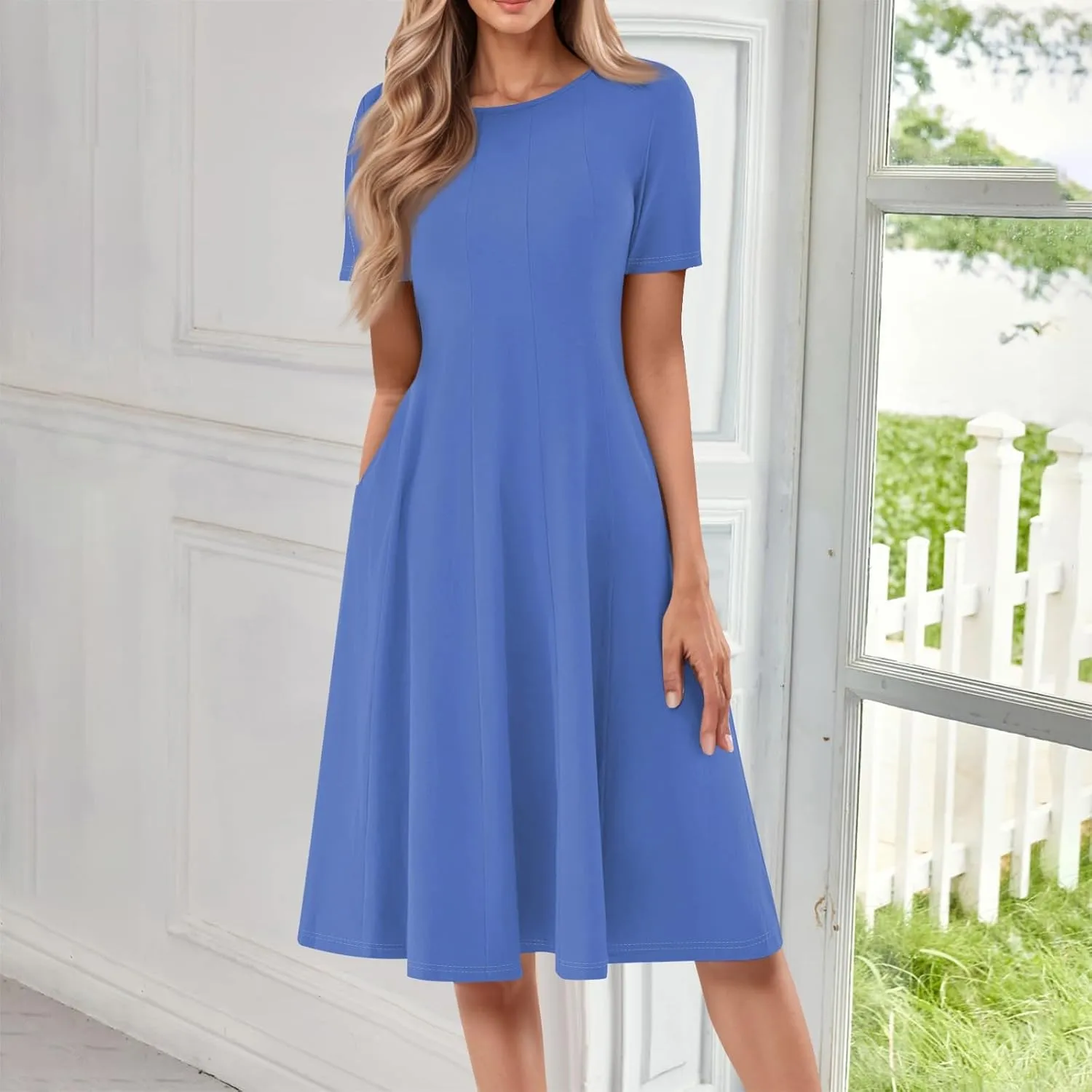 Women's Summer Dresses 2025 Casual Loose Trendy Short Sleeve Crew Neck Solid Color Gradient Midi Dress Plus Size, S-3XL
