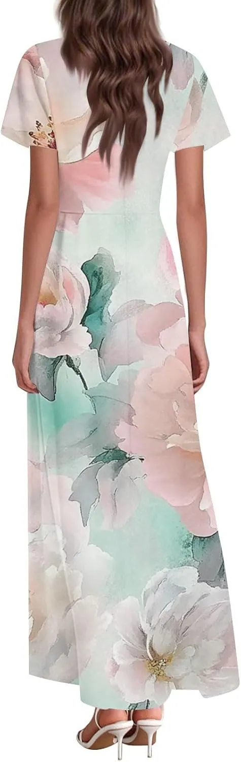 Womens Summer Dresses Boho Floral Maxi Dress V-Neck Short Sleeve High Waisted Loose Swing Long Beach Sundress