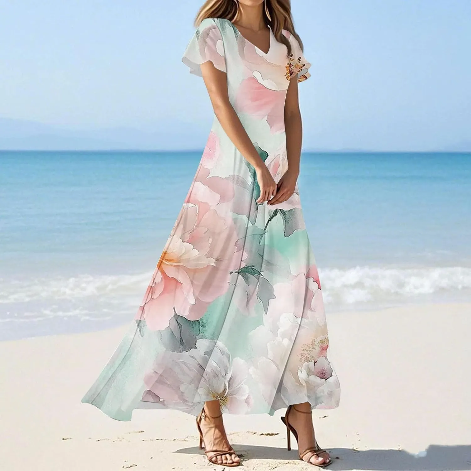 Womens Summer Dresses Boho Floral Maxi Dress V-Neck Short Sleeve High Waisted Loose Swing Long Beach Sundress