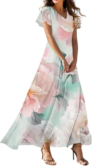 Womens Summer Dresses Boho Floral Maxi Dress V-Neck Short Sleeve High Waisted Loose Swing Long Beach Sundress