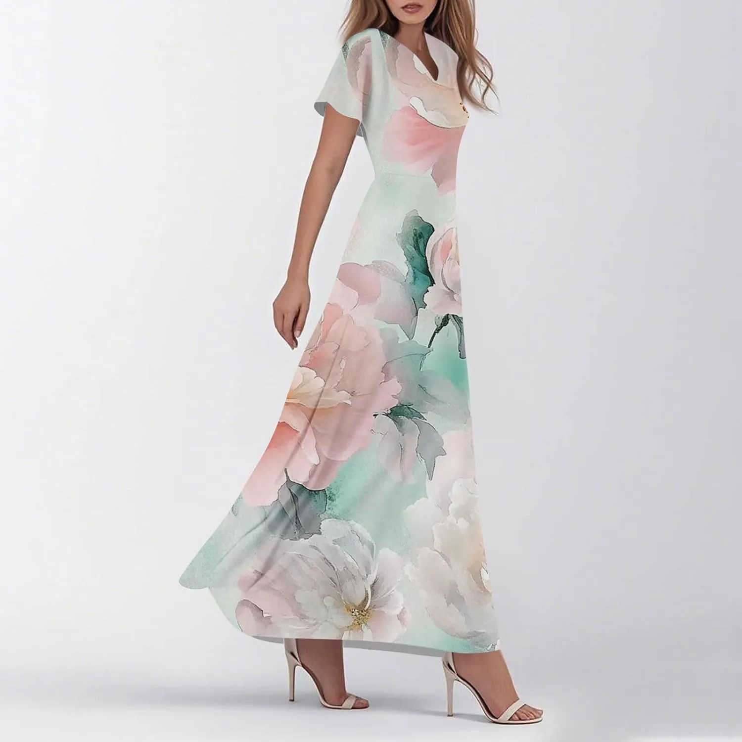 Womens Summer Dresses Boho Floral Maxi Dress V-Neck Short Sleeve High Waisted Loose Swing Long Beach Sundress